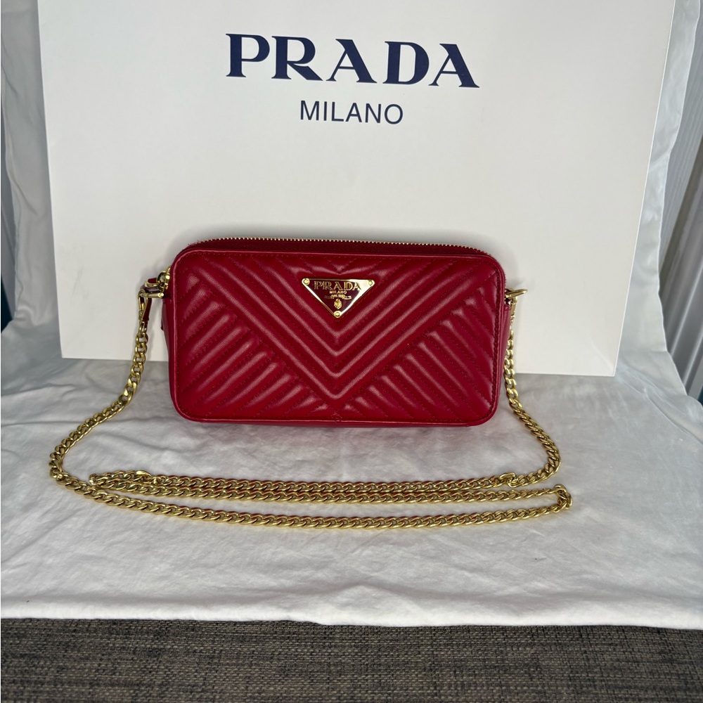 Prada Red Chevron Wristlet with Gold Chain